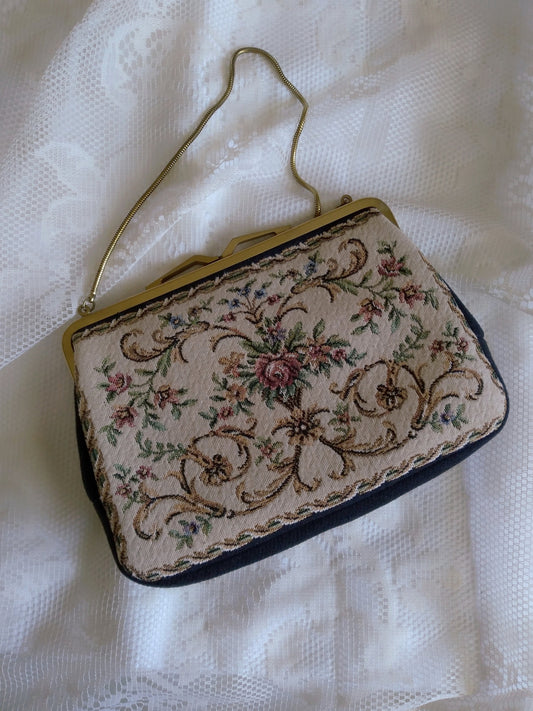 1950s Vintage Western Germany Floral Tapestry Cotton Evening Purse