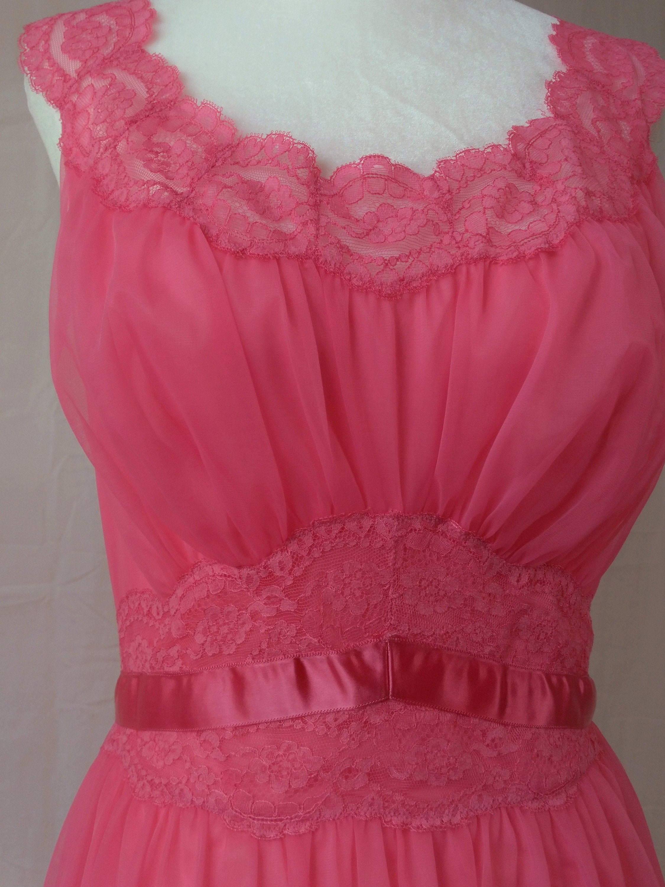 1950s Vintage Vanity Fair Hot Pink Chiffon Nightgown