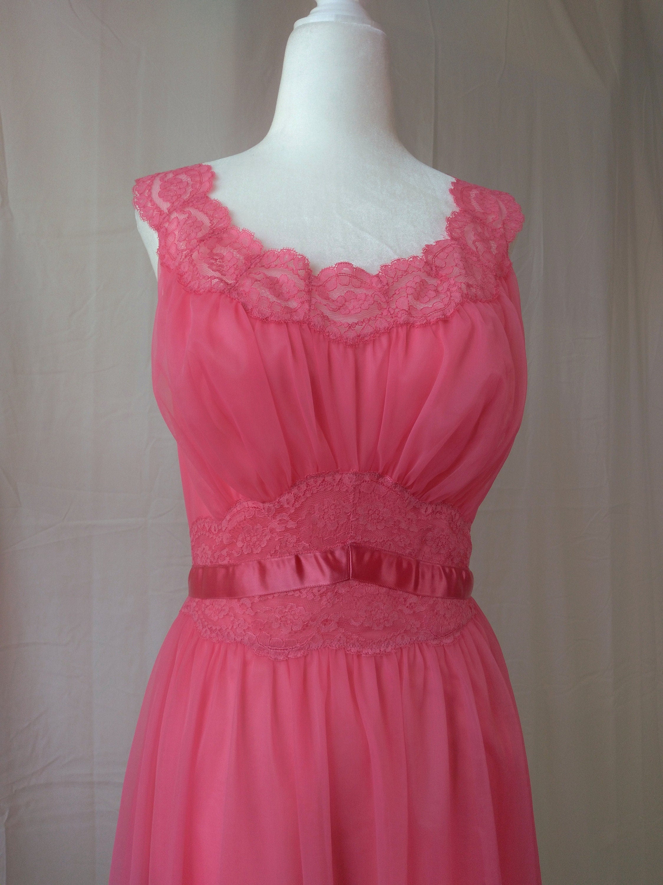 1950s Vintage Vanity Fair Hot Pink Chiffon Nightgown