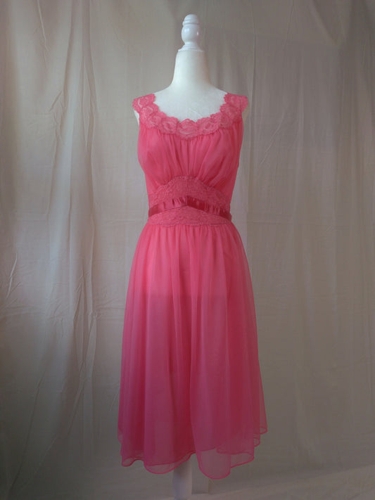 1950s Vintage Vanity Fair Hot Pink Chiffon Nightgown