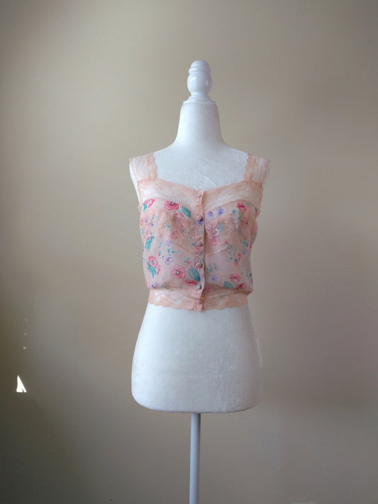 1980s Vintage Victoria's Secret Pastel Pink Sheer Floral Cami