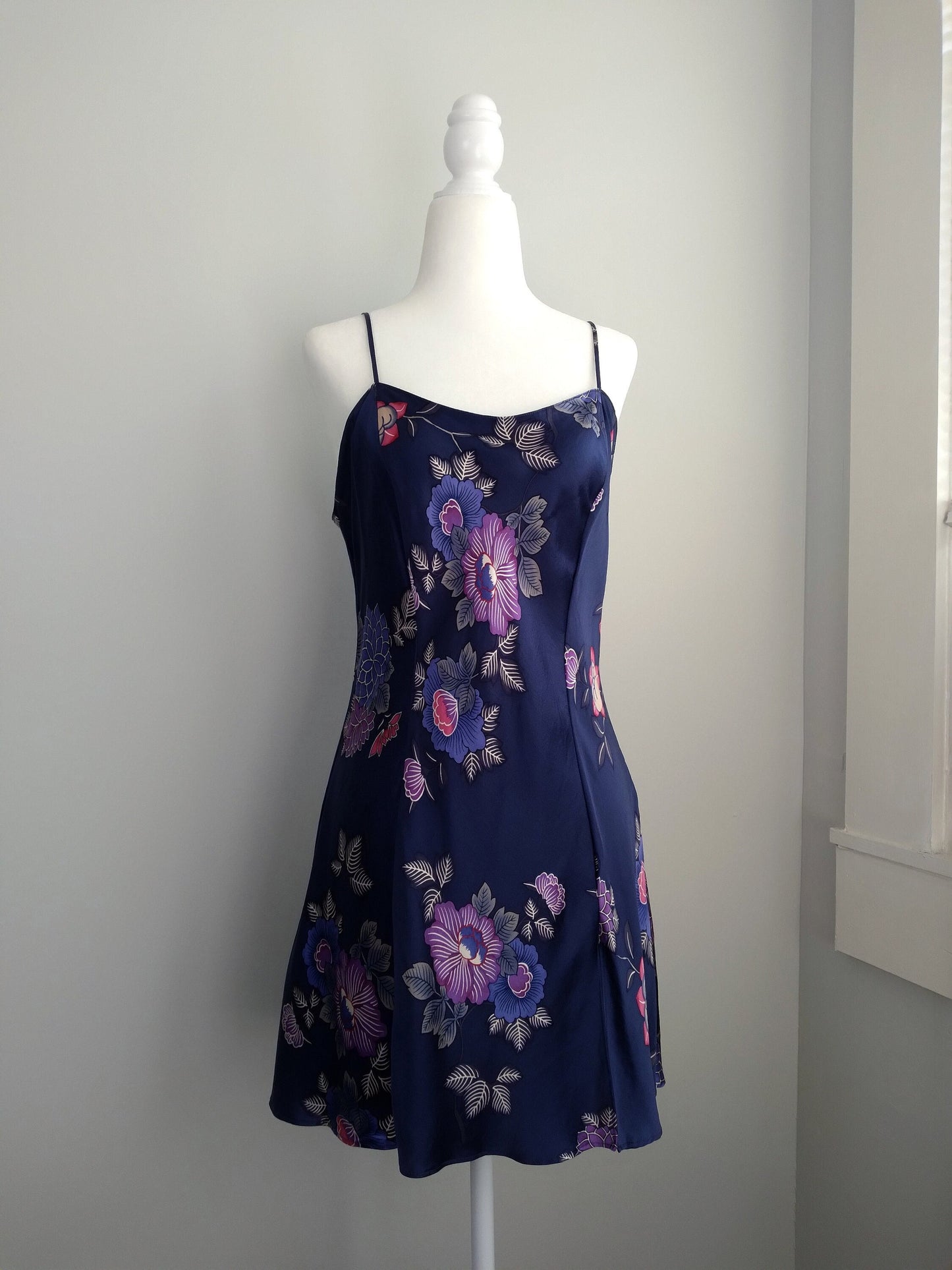 1990s Vintage Victoria's Secret Blue Floral Silk Slip Dress