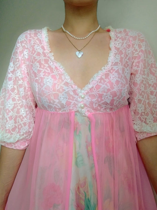 1960s Vintage Sheer Pink Chiffon & Lace Peignoir