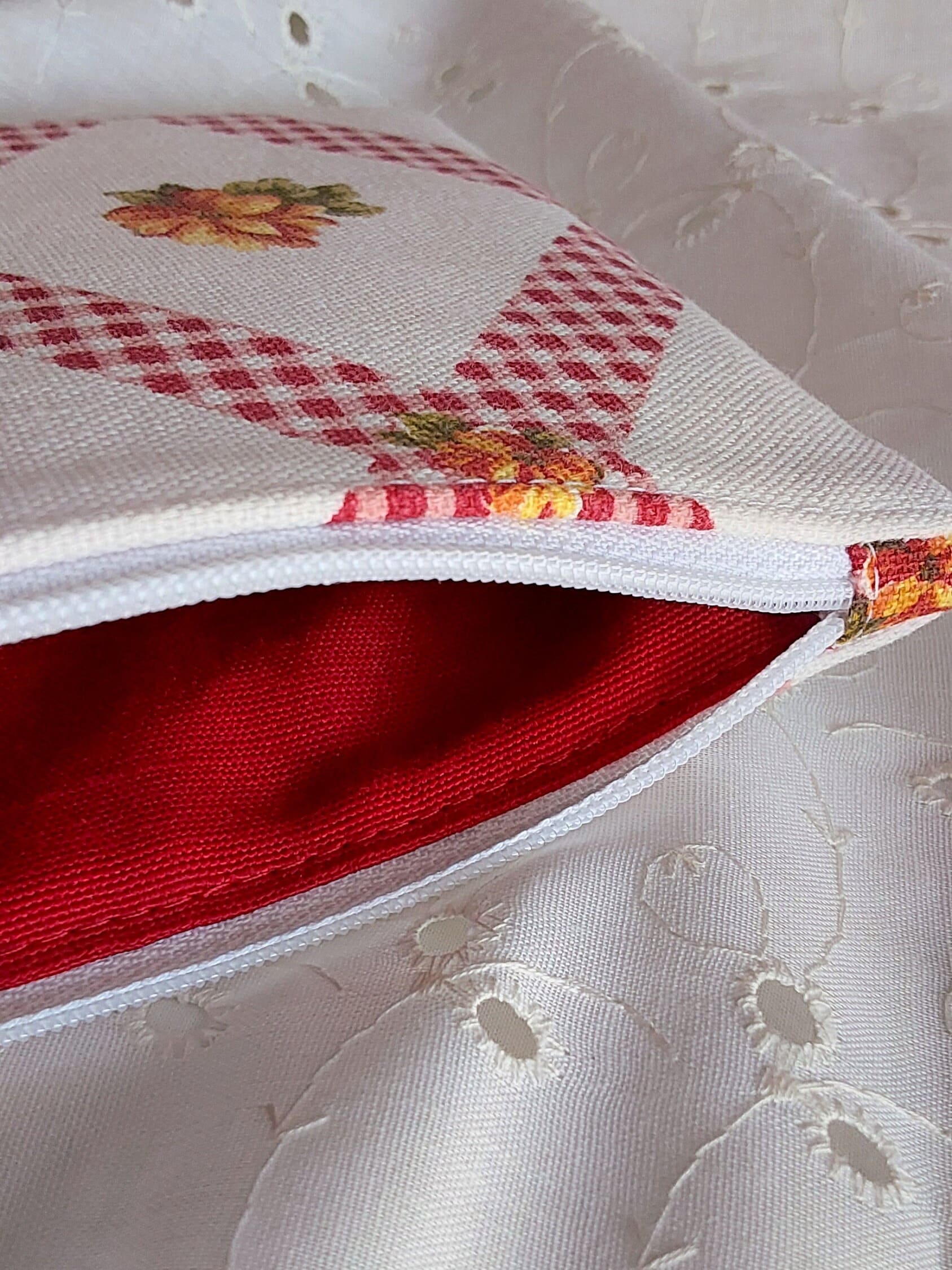 inside view of rooster floral gingham red white cotton upcycled pouch