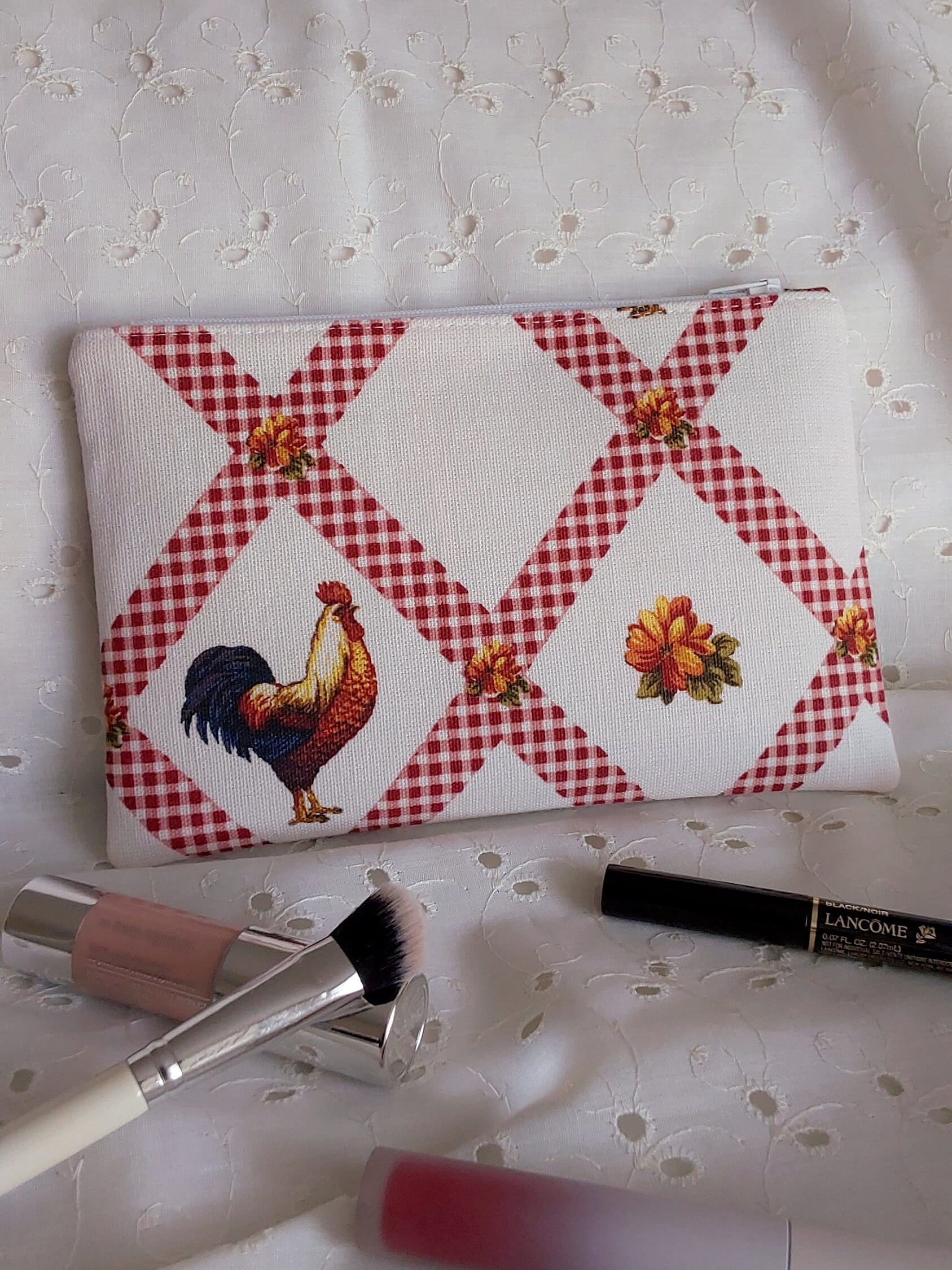 back view of rooster floral gingham red white cotton upcycled pouch