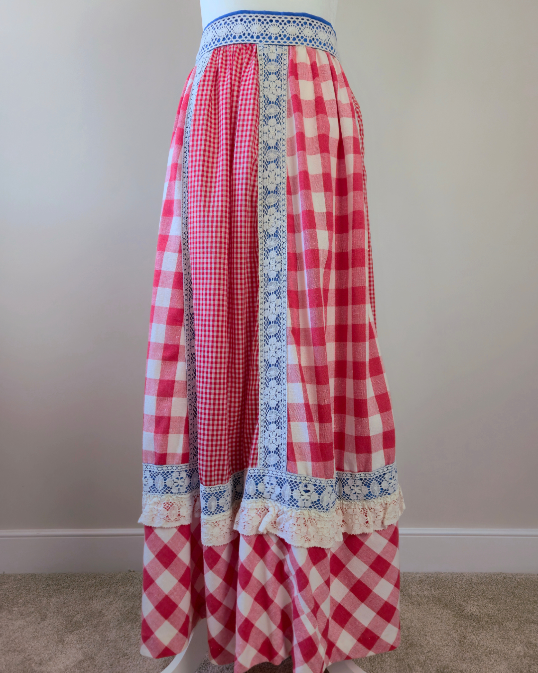 1960s Vintage Handmade Picnic Red Gingham Prairie Skirt